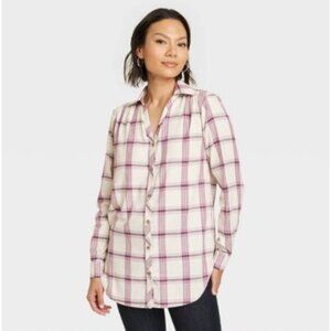 Knox Rose Women's Long Sleeve Button-Down Tunic Shirt Purple Plaid Size XS